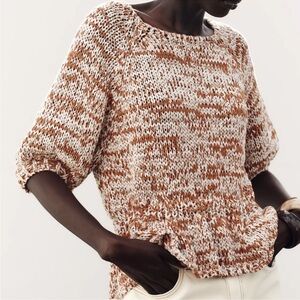 Zara Marled Cream and Brown Knit Sweater
